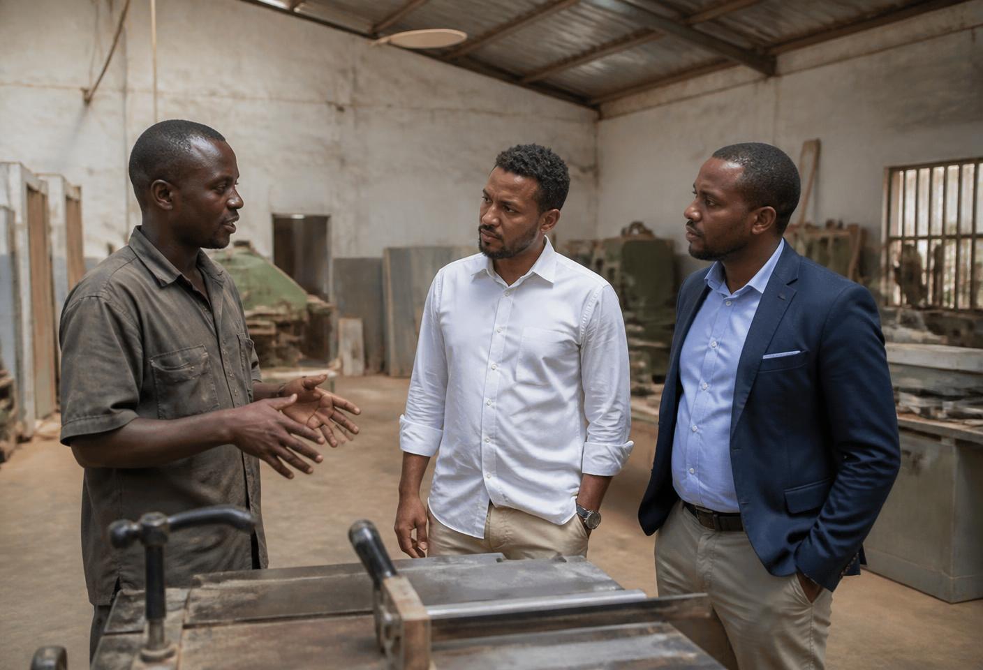 Two visiting entrepreneurs touring a workshop with the local business owner